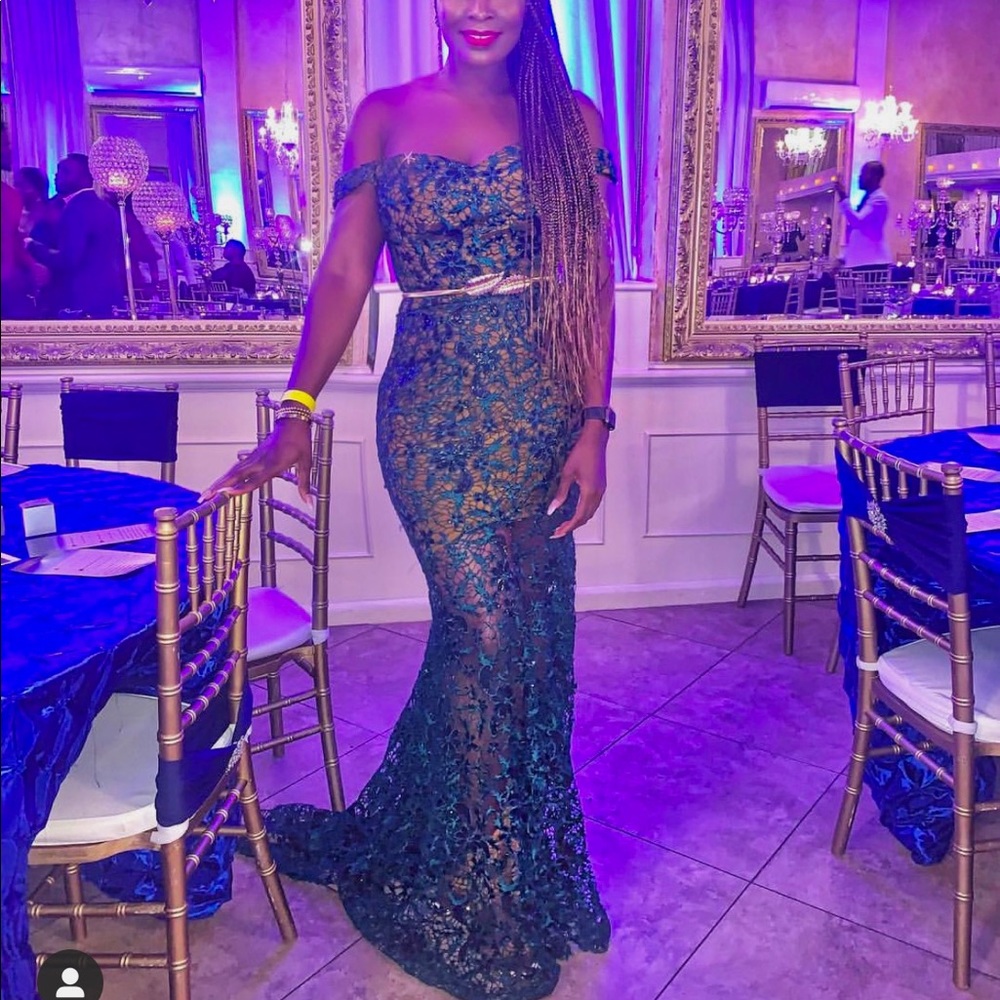 Green off shoulder lace dress- medium